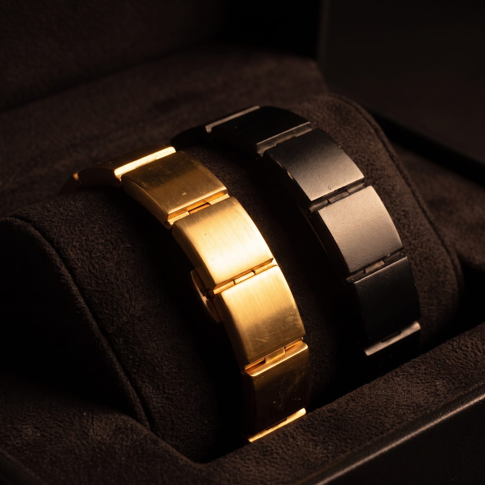 The Onyx and Sol bracelets side by side in their case